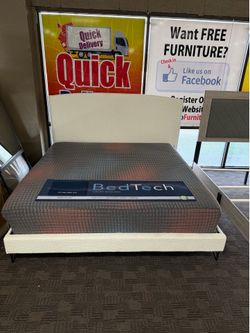 White boucle upholstered king bed frame