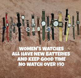 WOMEN'S WATCHES, NEW BATTERIES, $10 OR LESS