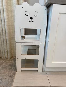 Solid Wood Montessori Toddler Tower with Bunny Face and Chalkboard that Folds Out Into Desk