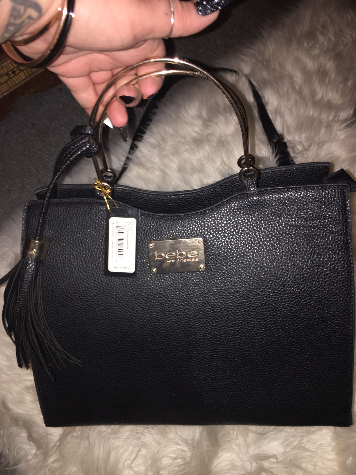 “BEBE” Black Leather Tote With Shoulder Strap Wit Tag