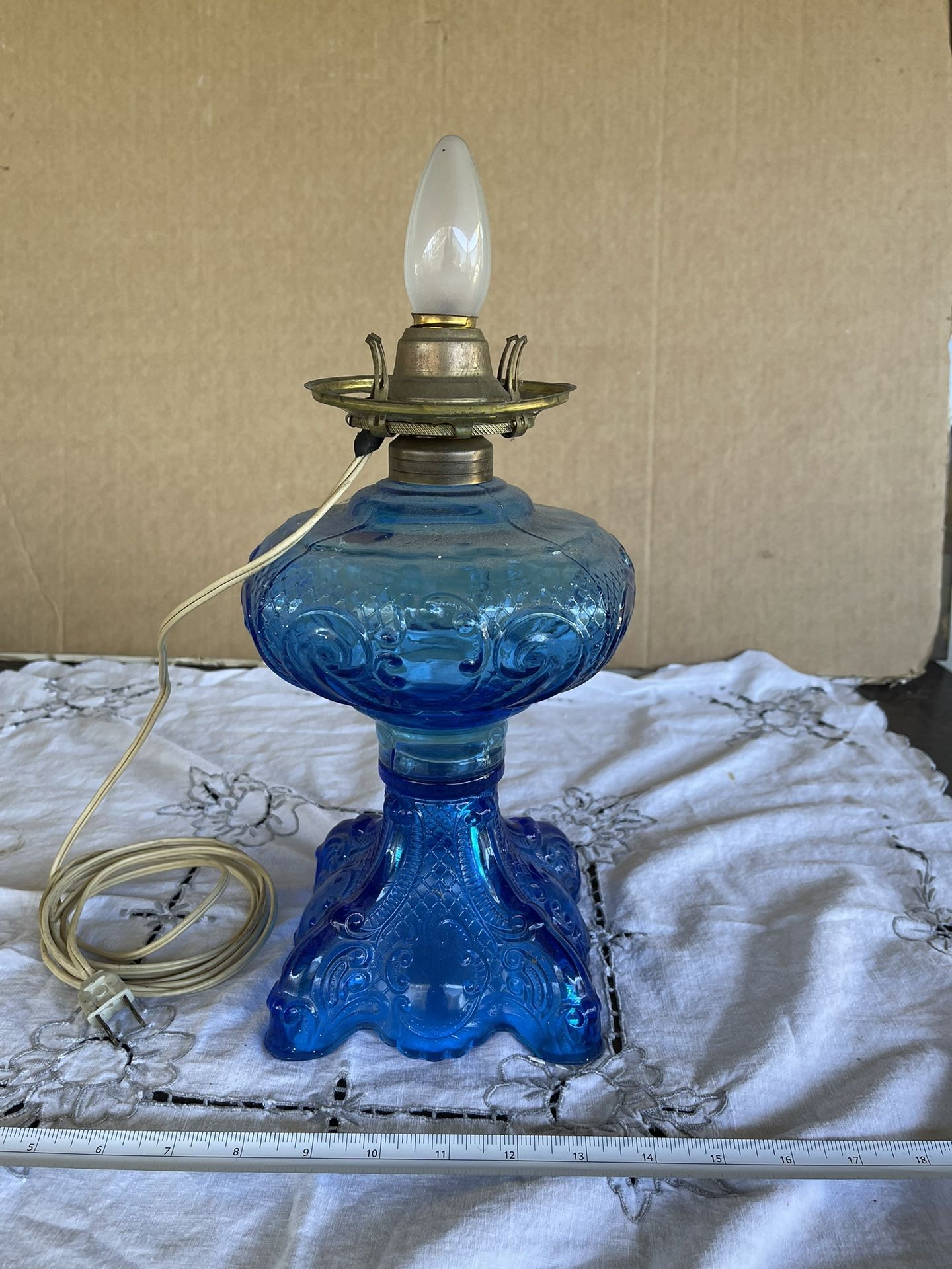 Vintage Glass Table Lamp Cobalt Blue Princess Feather Electric 