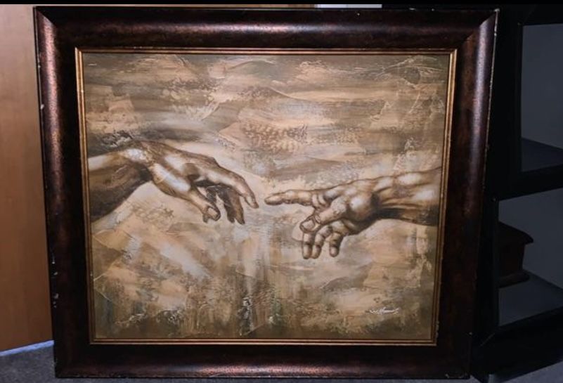 Large Hand Painted And Signed “creation Of Adam” Artwork