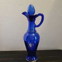 Vintage Small Avon Bottle Cobalt Blue & Gold Pitcher Vase w/ Stopper 9"