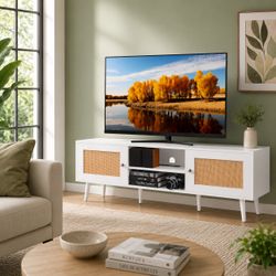 New     Farmhouse Boho TV Stand – White Media Cabinet with Storage I can deliver