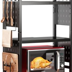 Microwave Stand, 3-Tier Expandable(17.4"- 27.4") Heavy Duty Adjustable Shelf Microwave Oven Rack, Kitchen Countertop Organizer and Storage with 9 Hook