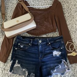 🤎 Brown Casual Long Sleeve, with American eagle Shorts ! 🤎 