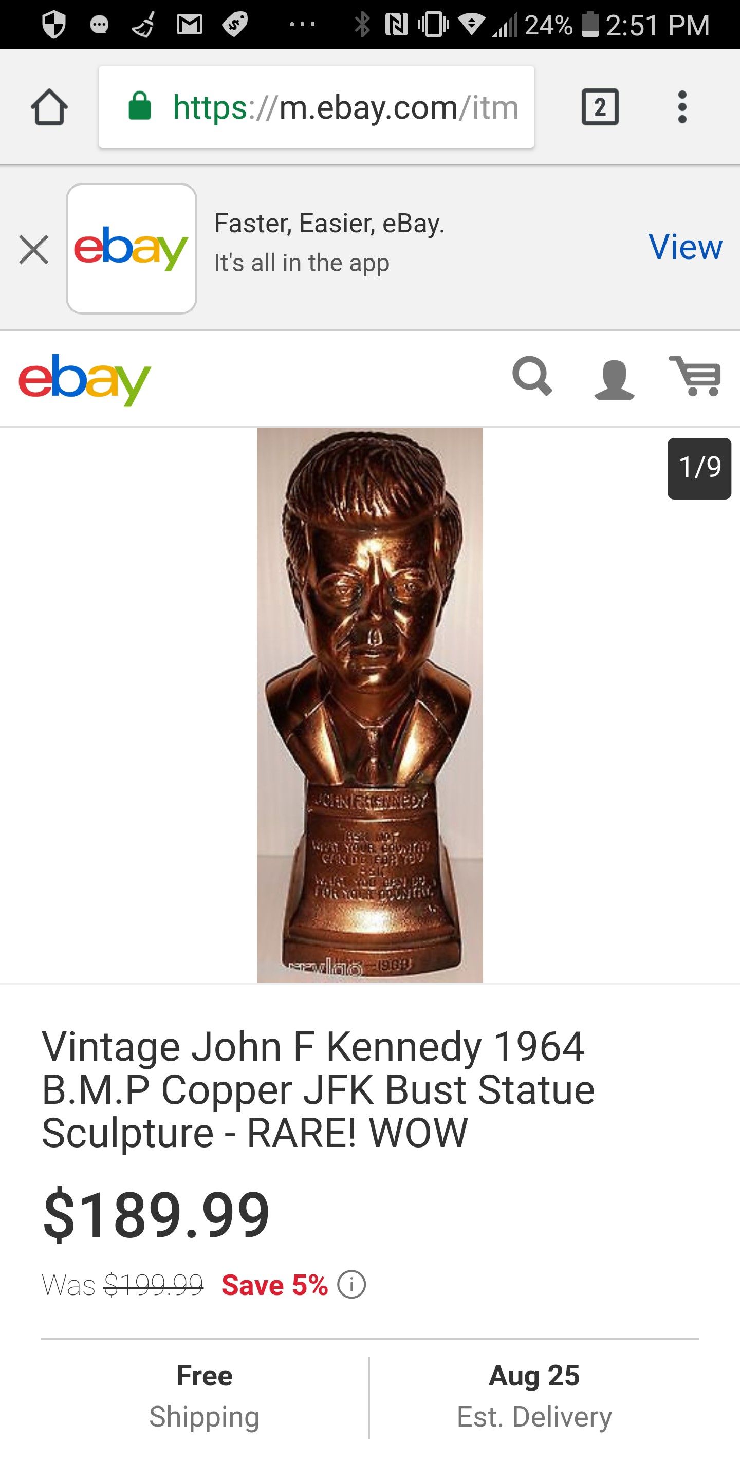 Vintage John F Kennedy 1964 B.M.P Copper JFK Bust Statue Sculpture