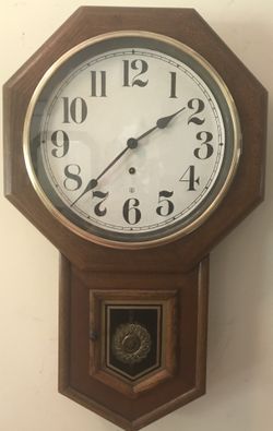 Antique Sessions Schoolhouse Wall Clock 28" x 17" Octagon Top Oak Case Serviced