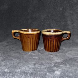 Vintage Monmouth USA Brown Drip Glaze Pottery Ribbed Coffee Mugs Set of 2.