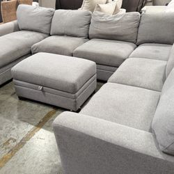 136” Fabric Grey sectional Sofa  couch With Storage Ottoman :$300