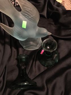 Pair of candle holders and glass dove