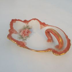 Vintage Antique Gilded Gilt Hand Painted Rose Dresser Jewelry Dish