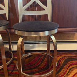 4 Bar Stools Black Suede Cushion And Brushed Stainless Steel