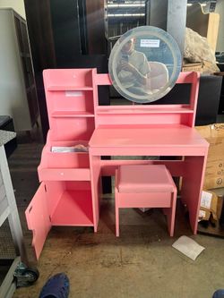 Vabches Kids Vanity with Lights, Princess Makeup Vanity Desk with Open Bookshelf