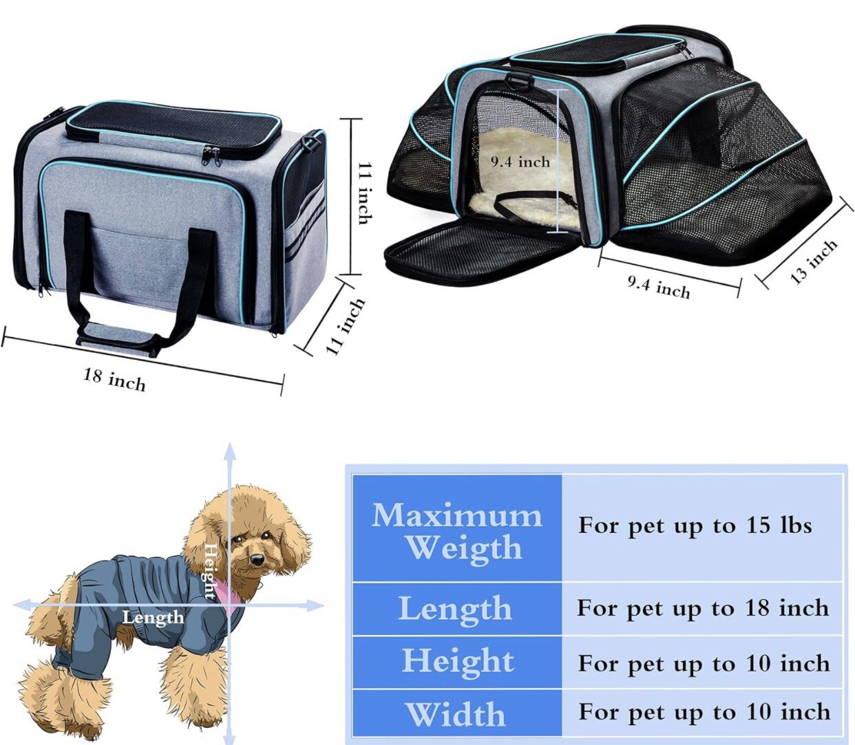 Cat Dog Carrier - Airline Approved Expandable Soft-Sided Pet Carrier with Removable Fleece Pad
