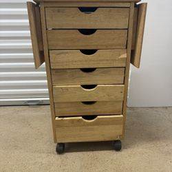 Solid Wood Rolling Storage Cart with 6 Drawers and FoldOut Wings