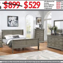 4pc Bedroom Set $529 Queen $629 Eastern King Includes bedframe Dresser mirror nightstand Grey Bedroom Set