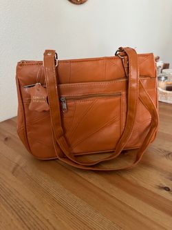 Brand New Genuine Leather Patchwork Shoulder Bag - Tan / Cognac