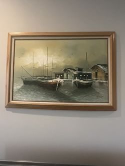 Vintage Harbor Scene Oil Painting