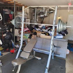(300Lb) Olympic Weight and Hoist Squat Rack/Life Fitness Adjustable Weight Bench for $575 Firm (Walnut 91789)
