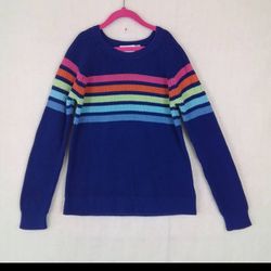 Girl's Crew Neck Knit Sweater Size Large in Blue w/ Stripes