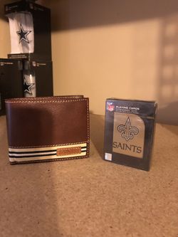 New Orleans Saints leather bifold wallet and playing cards