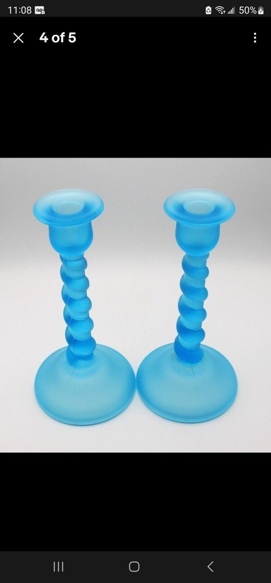 Vtg Tiffin Glass Co Satin Sky Blue Twist Set Of 2 Candlestick Holders *Glow