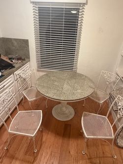 Round Granite Top Table with 4 Iron Chairs