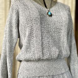 1990s Ami Open Knit Grey Sweater and Skirt Set in Heather Grey with Silver Thread Detail  