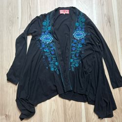 Johnny Was JWLA Jacket Black Blue Embroidery Long Sleeves Cotton Size Small