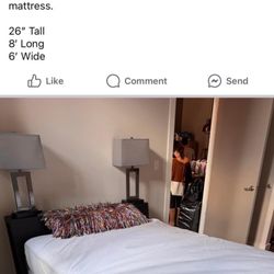 Queen, metal bed frame, box springs. and mattress. 