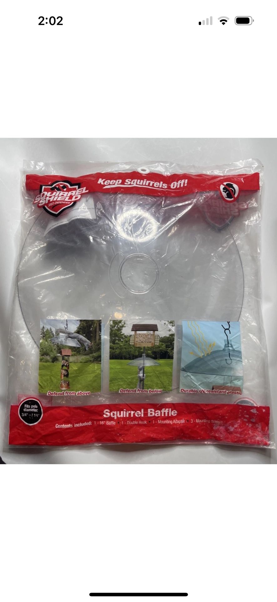 Squirrel Shield 16 inch Clear Plastic Baffle for Outdoor Wild Bird Feeders NEW