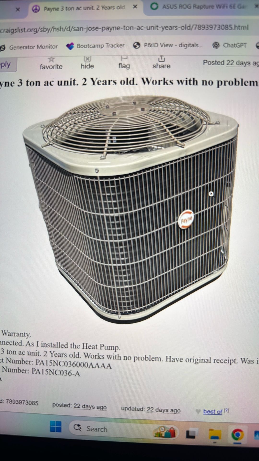Payne 3 Ton AC Unit. Like new. R410A