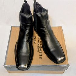 Mens Real Leather High-top Chelsea Metal Square Toe Ankle Boots