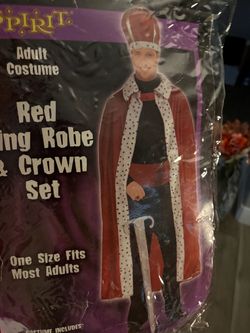 adult king costume set features a classic red velvet-look robe with faux-ermine Dalmatian print trim and a matching crown