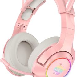 Pink Gaming Headset with Removable Cat Ears, Compatible with PC PS4 PS5 Xbox One(Adapter Not Included) Mobile Phones, with Surround Sound, RGB Backlig