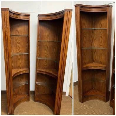 (2) Bassett Corner Bookcase. Corner Bookshelf Pair. Adjustable Glass Shelves. $99ea. Free to ask, I reply.
