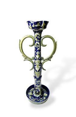 Antique Italian Pottery 17" Candle Stick Holder Majolica Drip Glaze Hand Painted Original Staple Repairs Blue Green Italy