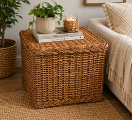 Vintage Wicker Accent Table / Coastal Boho Rattan Side Table