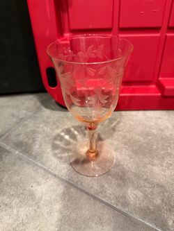 Pink Depression Glass Etched Wine Glass