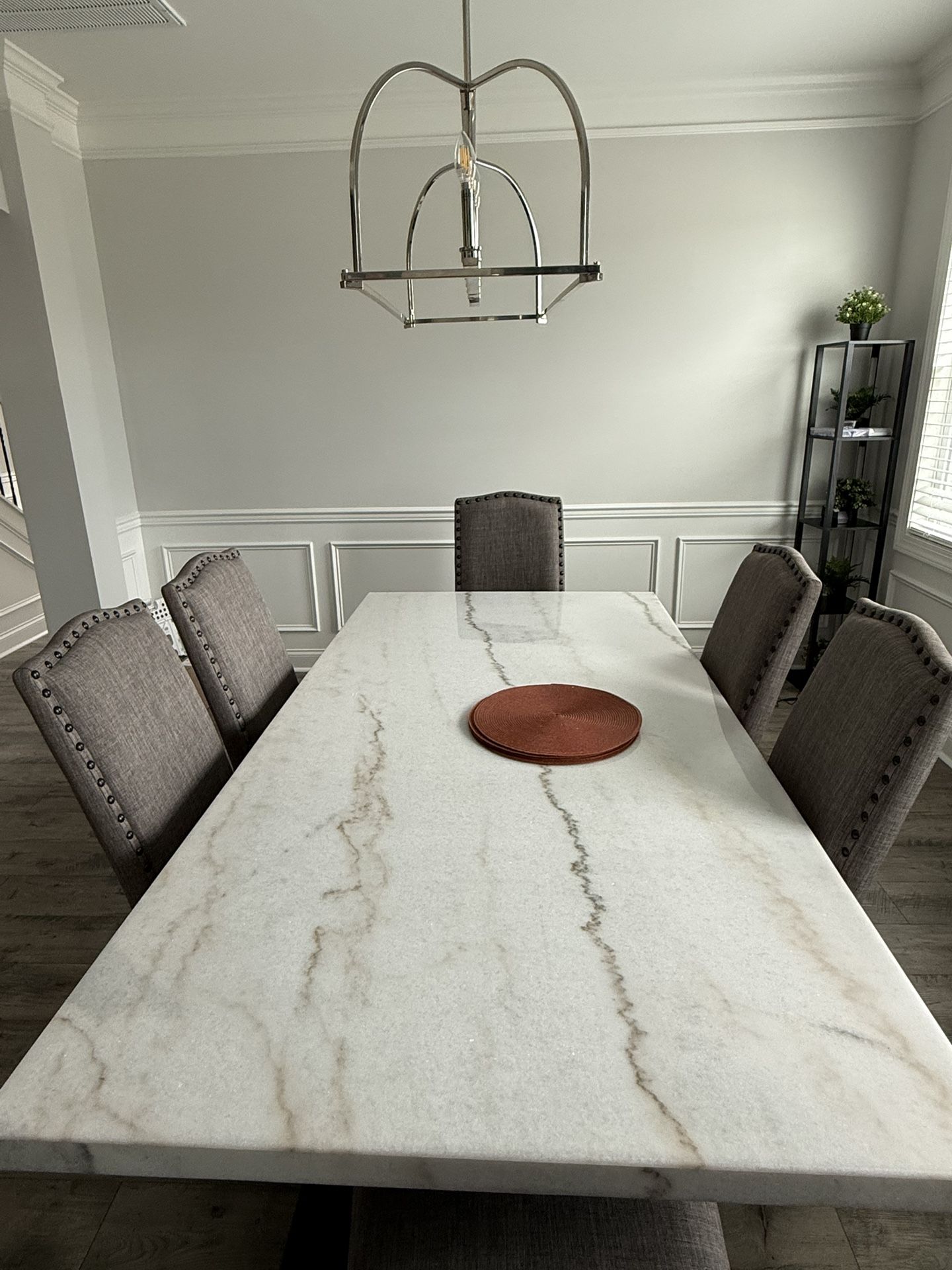Marble Dining Table with 8 Upholstered Chairs - Like New