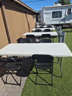 2(6) Foot Tables, 8 Chairs 1 Garbage Can