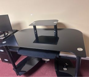 Modern Black Glass Computer Desk with Keyboard Tray & Monitor Stand