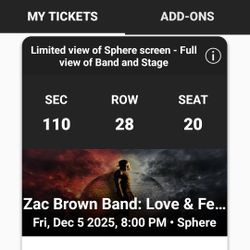 2 Tixs To Zac BROWN Band @Sphere