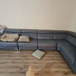 sofa and stool set  for 6people. leather. dark blue.