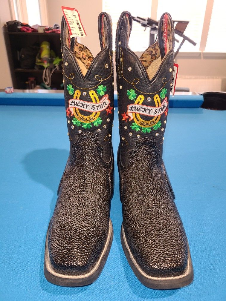 Tony Lama Stingray Leather Lucky Star Square Toe Cowgirl Boot Size 7B