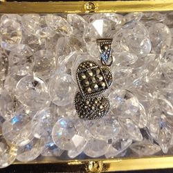 925 Sterling Silver Double Heart Marcasite Pendant 