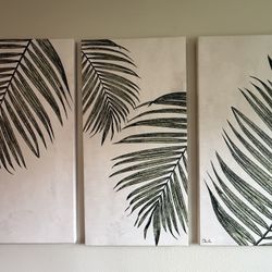3-Piece Palm Leaf Canvas Wall Art Set, Signed, Ready to Hang