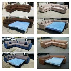 NEW 7X9FT SECTIONAL COUCHES WITH SLEEPER.  BROWN  MICROFIBER, CHARCOAL COMBO, GIBSON CREAM FABRIC AND  DAKOTA CAMEL LEATHER  