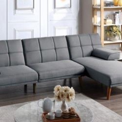 Brand New Grey Futon Sofa Sleeper With Chaise Lounge 